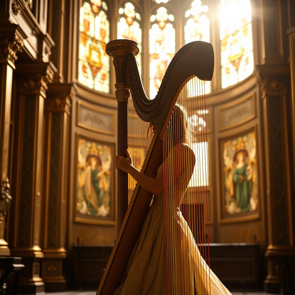 Marsha Long tocando el arpa en el interior dorado de una iglesia