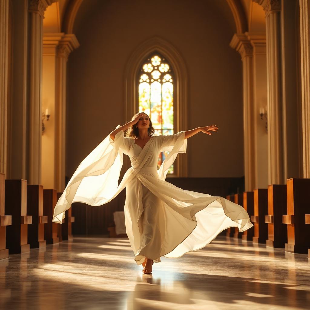 Bailarina litúrgica en movimiento bajo la luz del santuario