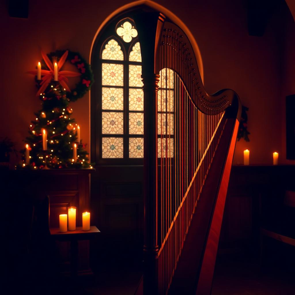 Arpa junto a un árbol iluminado con velas dentro de la Misión San Juan Capistrano en Navidad