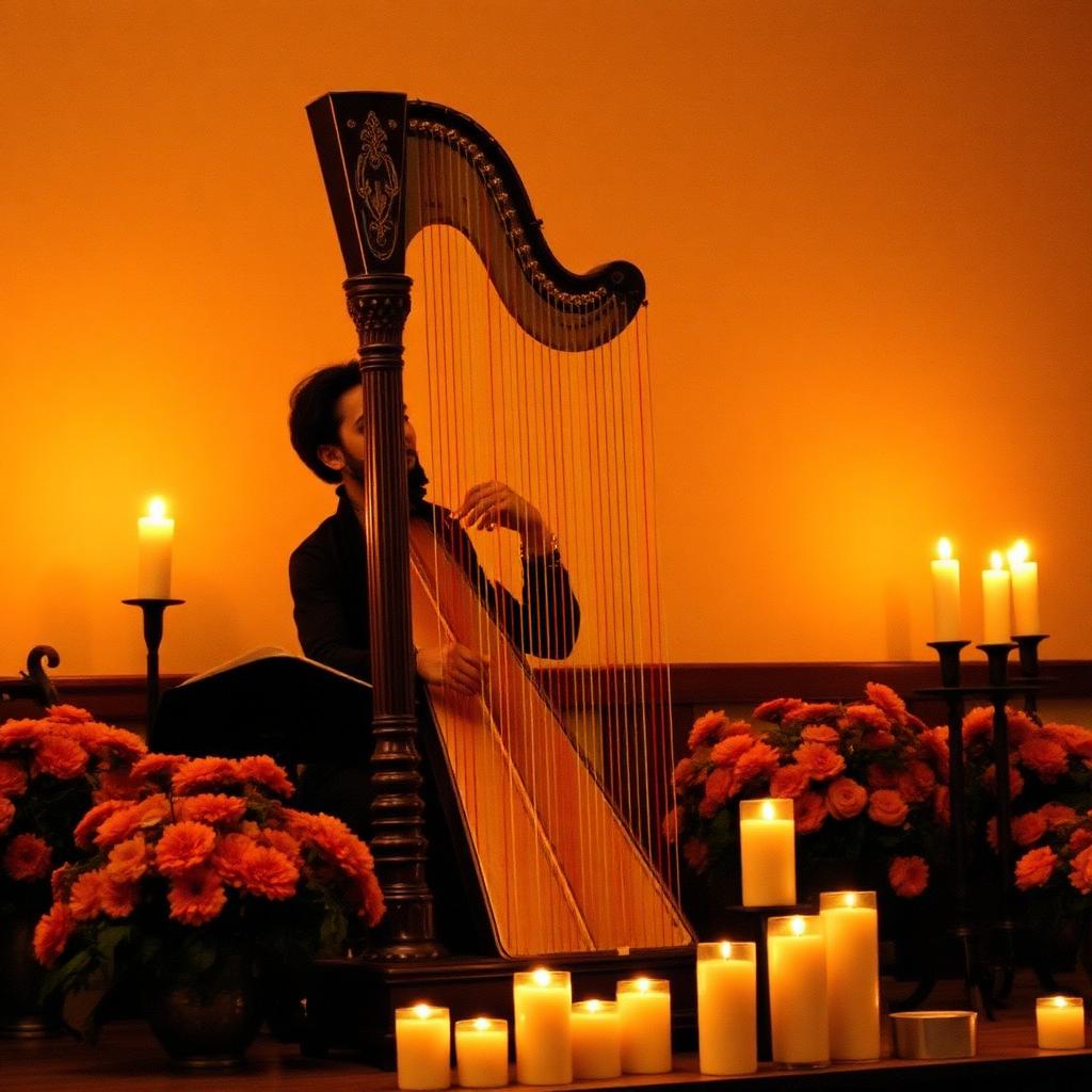 Cempasúchiles y velas alrededor de un arpa en un concierto conmemorativo del Día de los Muertos