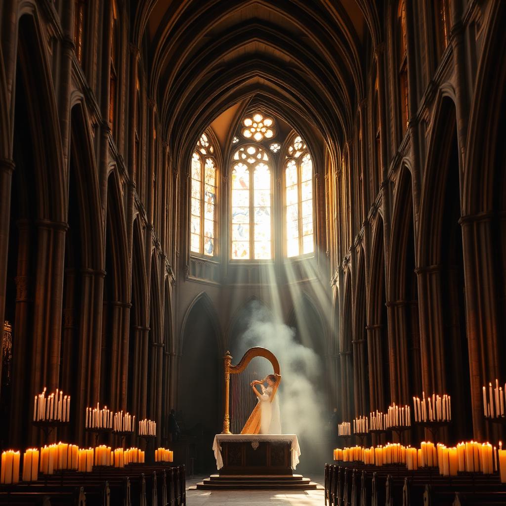 Nave de catedral durante la liturgia con arpa y velas